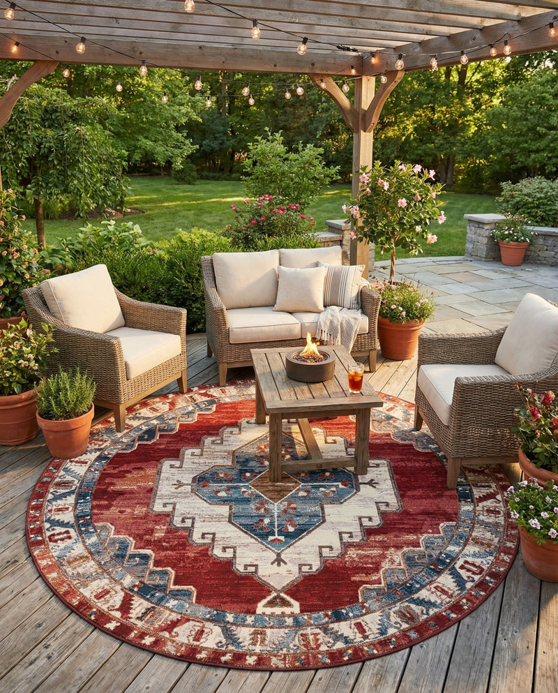 Patio Heritage Collection Area Rug -  Alcove Round Red and Navy Blue  lifestyle 63