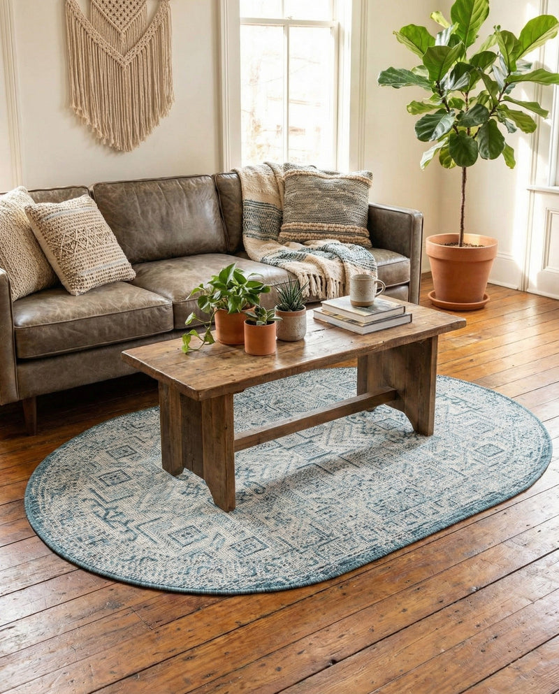 Tribal Terrace Treasures Collection Area Rug - Mayan Marina (Teal) Oval Teal  lifestyle 31