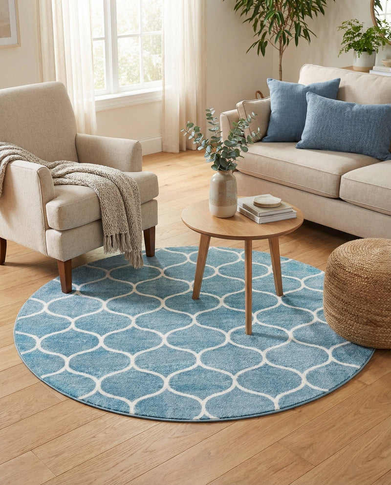 Trellis Mosaic Collection Area Rug -  Pergolatown (Light Blue) Round Light Blue  lifestyle 35