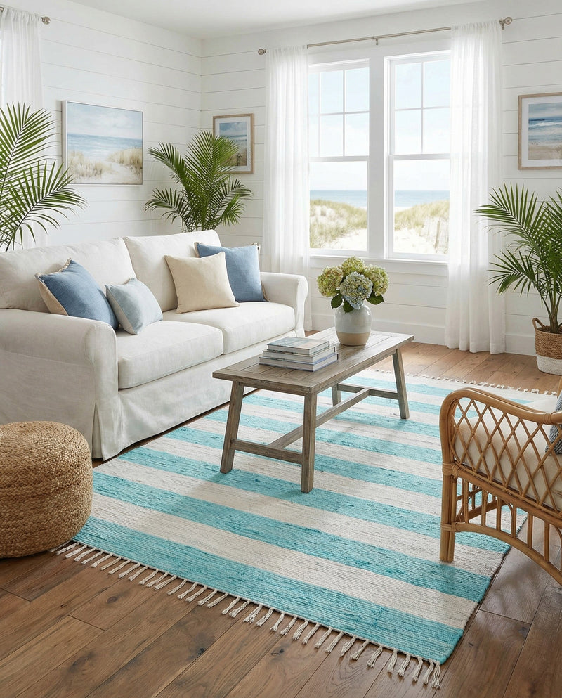 Tassel Trail Collection Area Rug - Pathway (Turquoise and Ivory) Rectangle Turquoise and Ivory  lifestyle 6