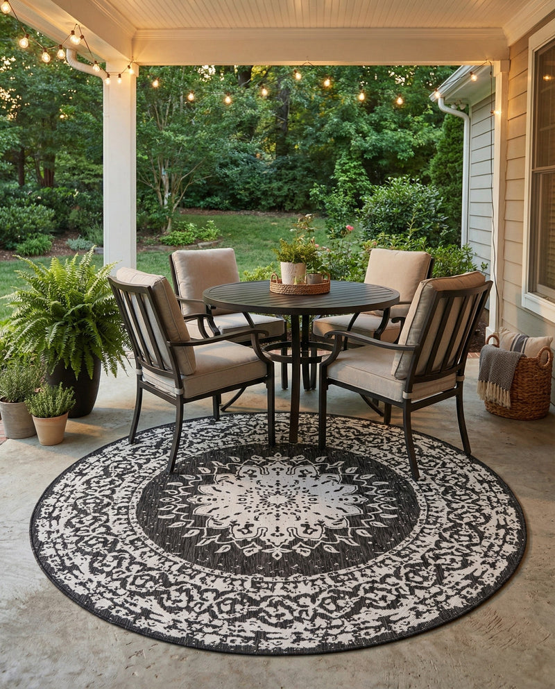 Patio Heritage Collection Area Rug -  Lafayette (Black and White) Round Black and White  lifestyle 27