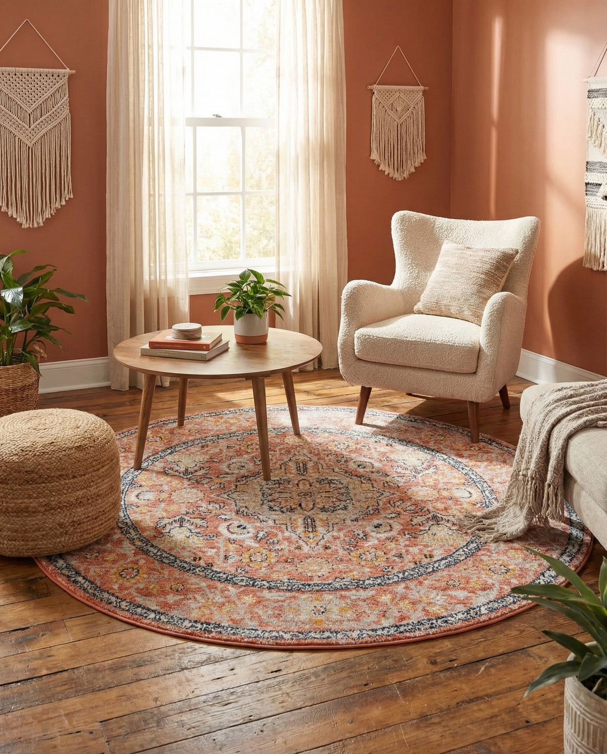 Seville Stripes Collection Area Rug - Cadiz (Brick Red) Round Brick Red  lifestyle 92