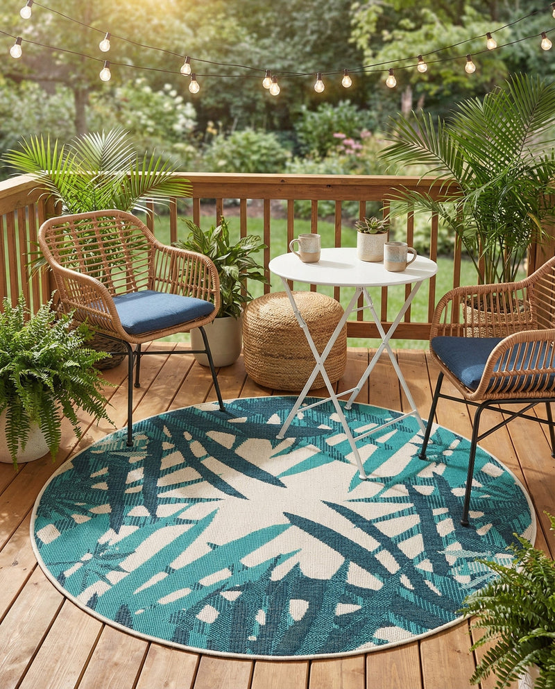 Seaside Blooms Collection Area Rug -  Provence Round Teal blue  lifestyle 62