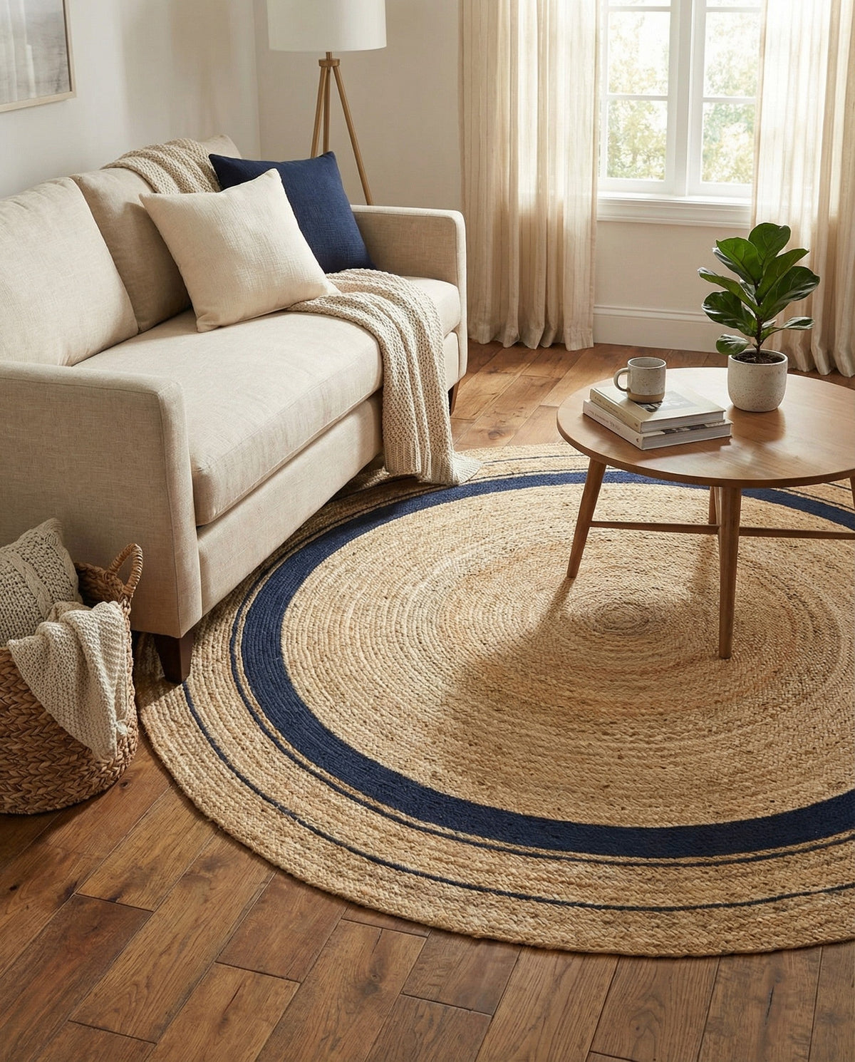 Woven Seaside Jute Collection Area Rug - Nantucket Round Natural and Navy Blue  lifestyle 105