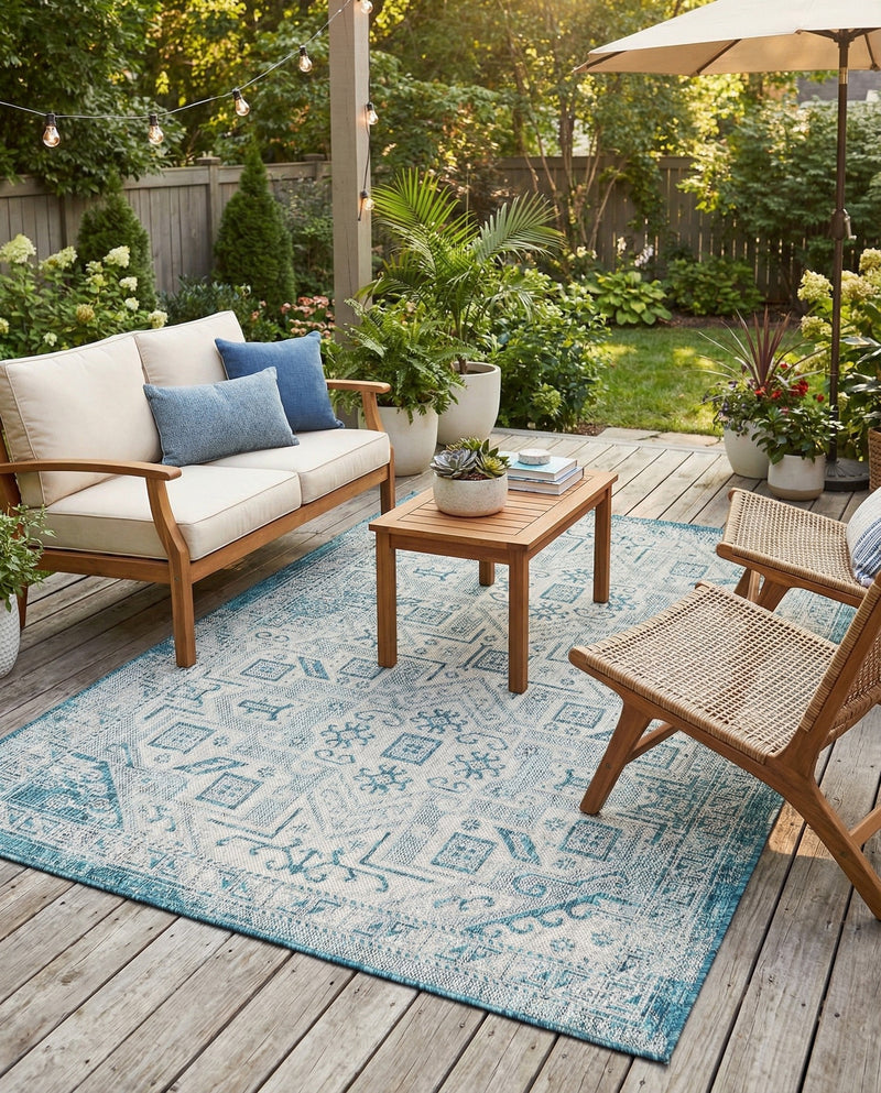 Tribal Terrace Treasures Collection Area Rug - Mayan Marina (Teal) Rectangle Teal  lifestyle 14