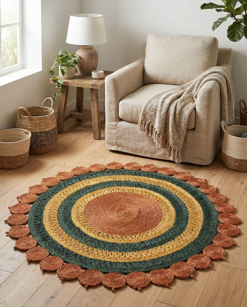 Woven Seaside Jute Collection Area Rug - Coastalhaven (Orange Green Yellow) Round Orange Green Yellow  lifestyle 24