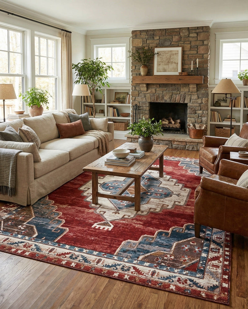 Patio Heritage Collection Area Rug -  Alcove Rectangle Red and Navy Blue  lifestyle 29