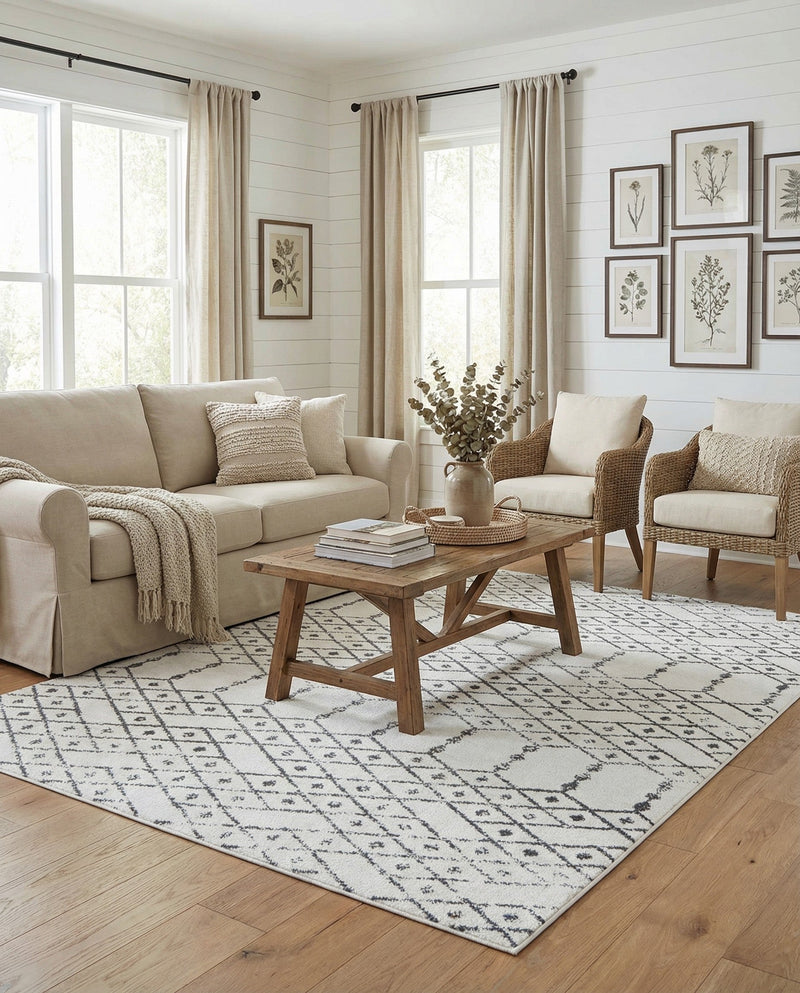 Marrakesh Lattice Collection Area Rug - Casablanca (Ivory Black) Rectangle Ivory Black  lifestyle 13