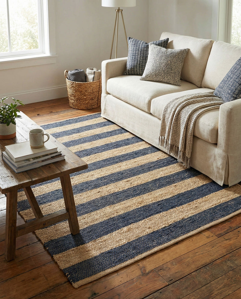 Woven Seaside Jute Collection Area Rug - Nantucket Rectangle Navy Ivory  lifestyle 23