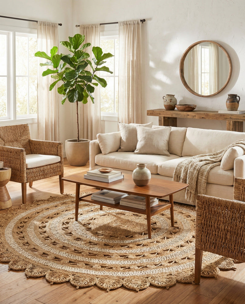 Woven Seaside Jute Collection Area Rug - Coastalhaven (Natural and White) Round Natural and White  lifestyle 35