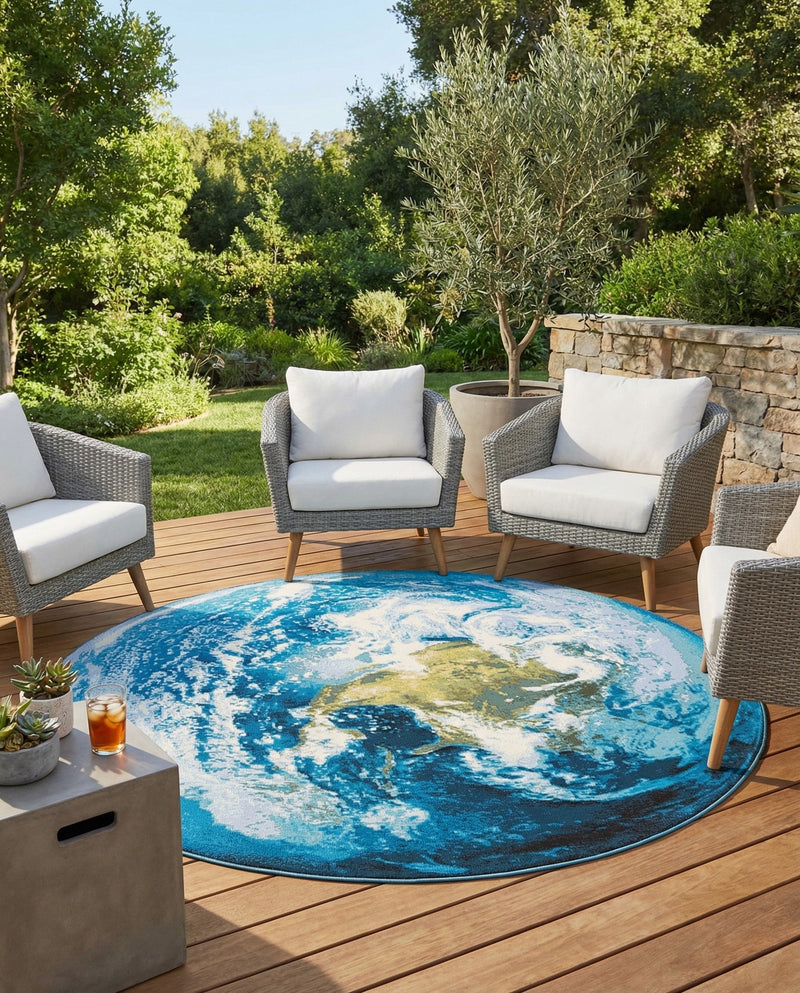 Urban Terrace Collection Area Rug -  Pergola Round Blue  lifestyle 63