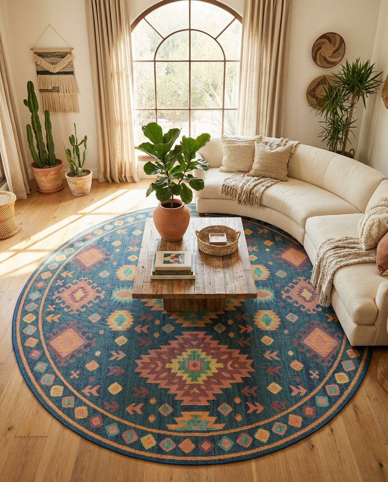 Coastal Terrace Collection Area Rug -  Dunes Round Navy Blue  lifestyle 61