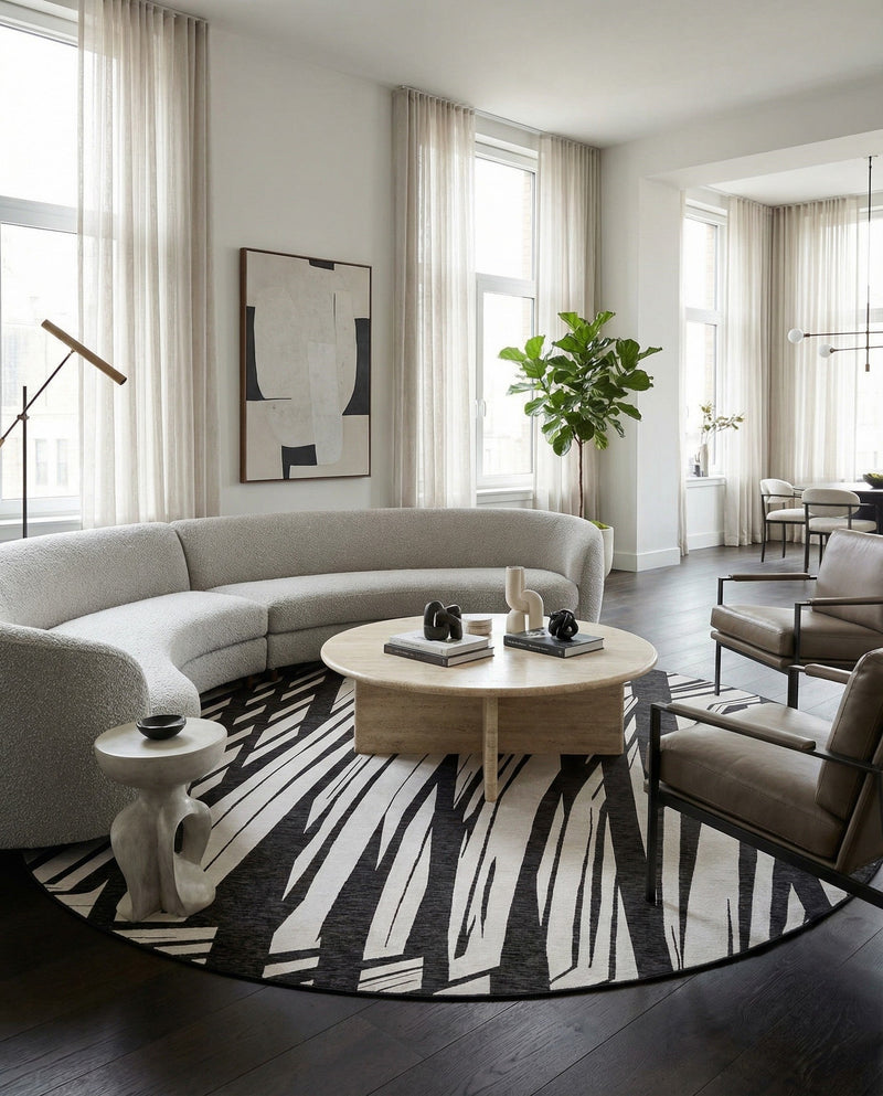 Urban Terrace Collection Area Rug -  Queens Round Black and White  lifestyle 81