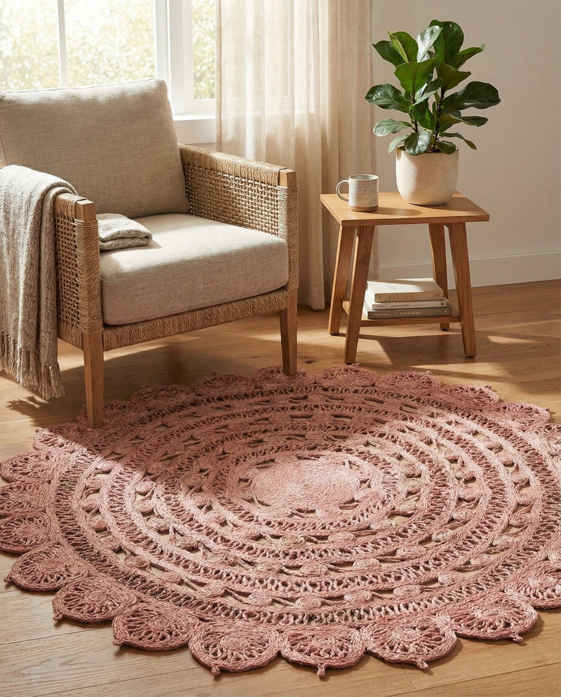 Woven Seaside Jute Collection Area Rug - Coastalhaven (Pink) Round Pink  lifestyle 13