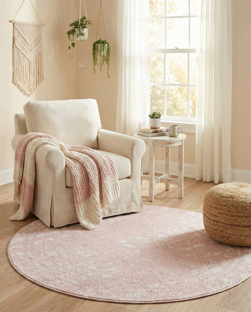 Brighton Stripes Collection Area Rug - Sussex (Pink) Round Pink  lifestyle 46