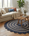 Woven Seaside Jute Collection Area Rug - Coastalhaven (Navy Blue and White) Round Navy Blue and White  lifestyle 16
