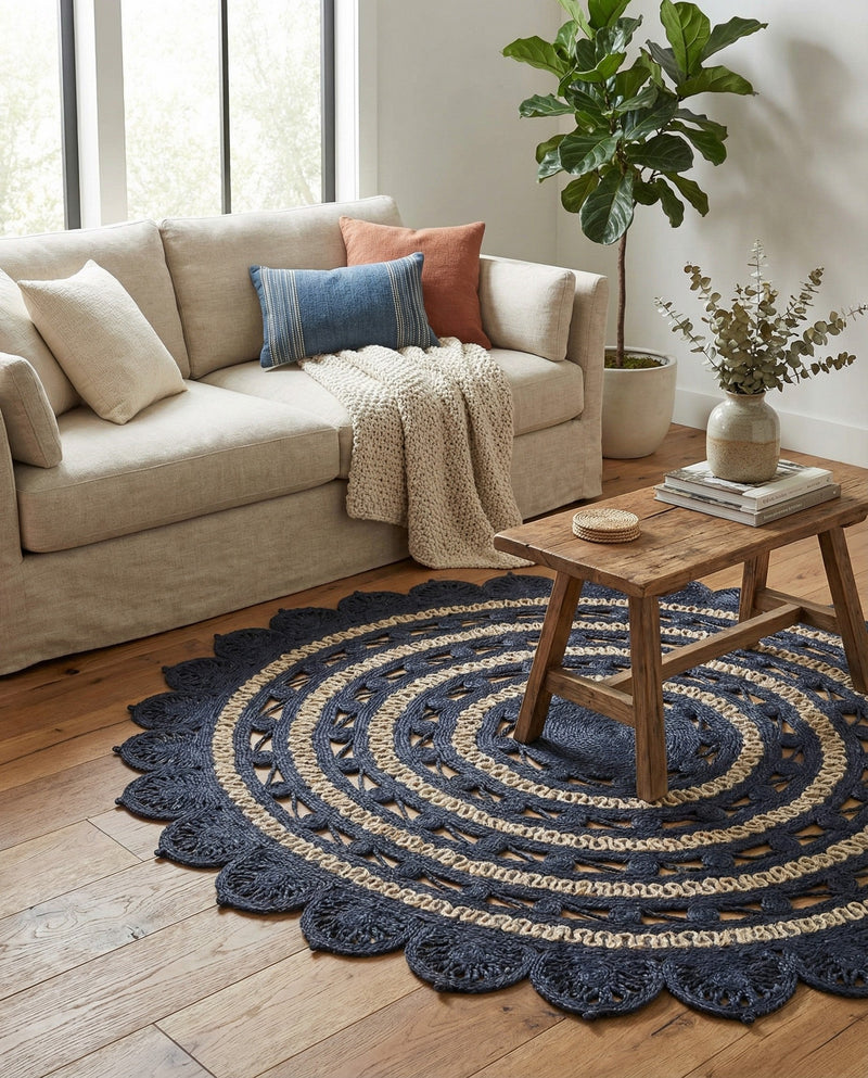 Woven Seaside Jute Collection Area Rug - Coastalhaven (Navy Blue and White) Round Navy Blue and White  lifestyle 16