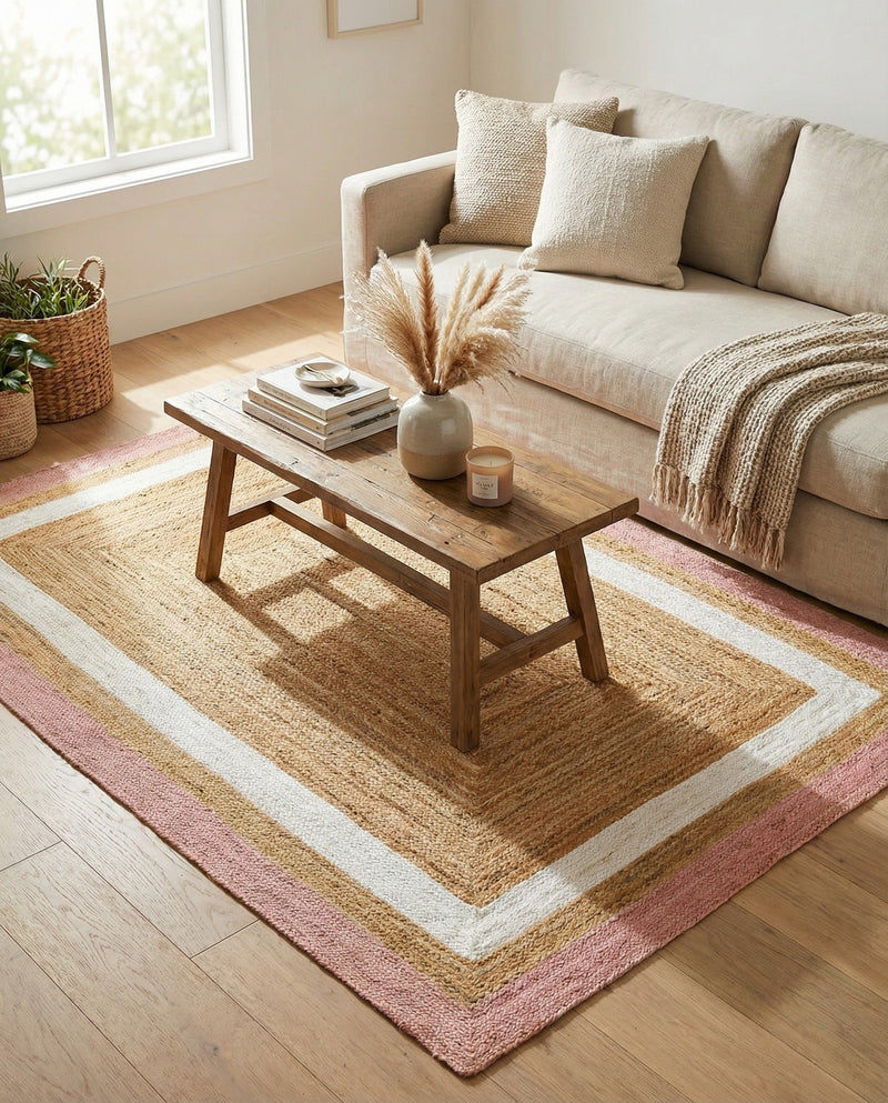 Woven Seaside Jute Collection Area Rug - Nantucket Rectangle Pink White Natural  lifestyle 16