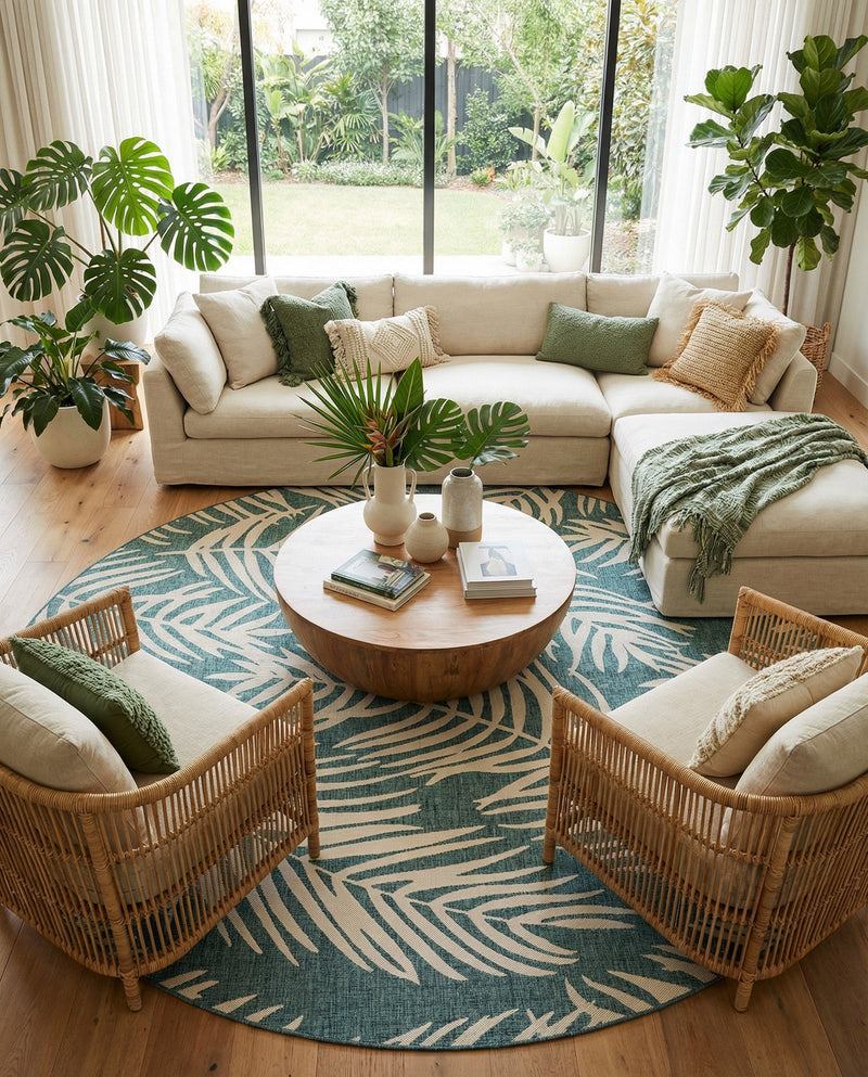 Seaside Blooms Collection Area Rug - Verdure (Teal) Round Teal  lifestyle 76