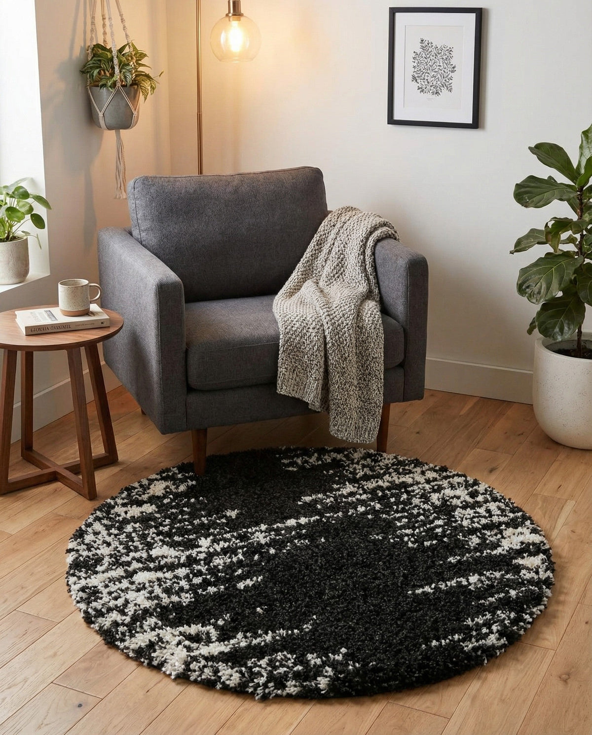 Tranquil Tides Shag Collection Area Rug - Marina Round Black and White  lifestyle 125