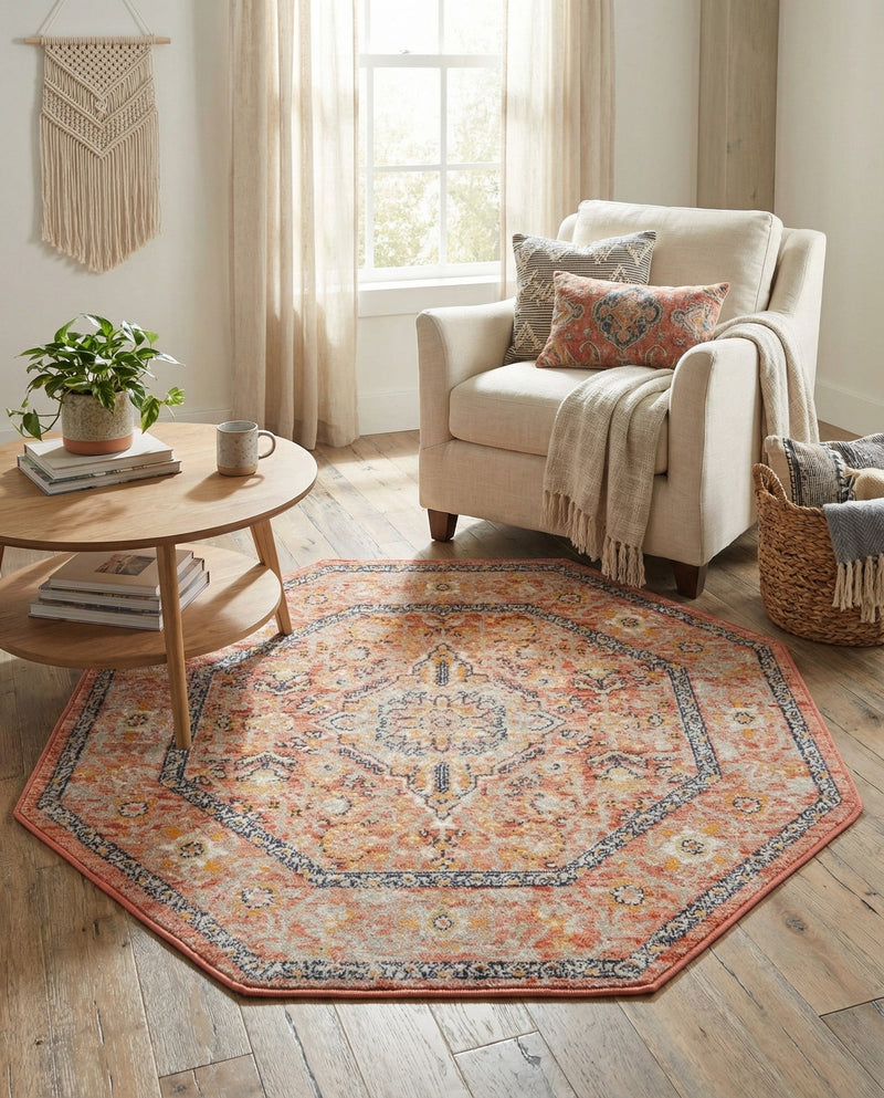 Seville Stripes Collection Area Rug - Cadiz (Brick Red) Octagon Brick Red  lifestyle 29
