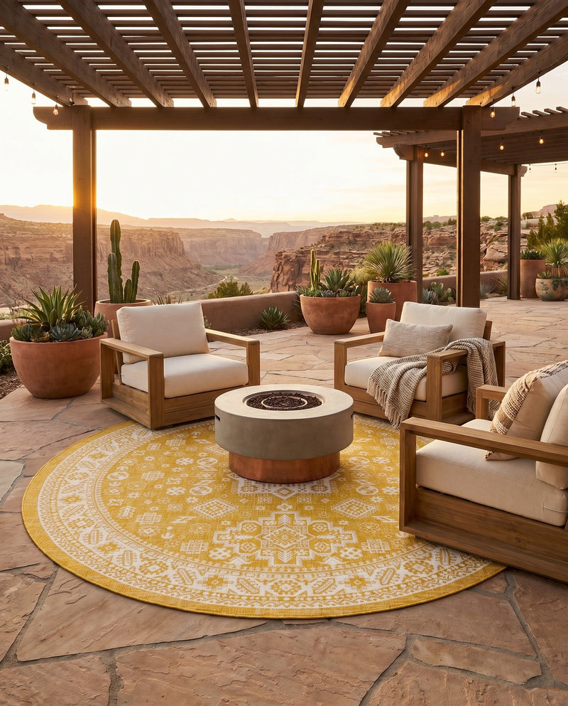 Tribal Terrace Treasures Collection Area Rug -  Incan Isle (Yellow) Round Yellow  lifestyle 77