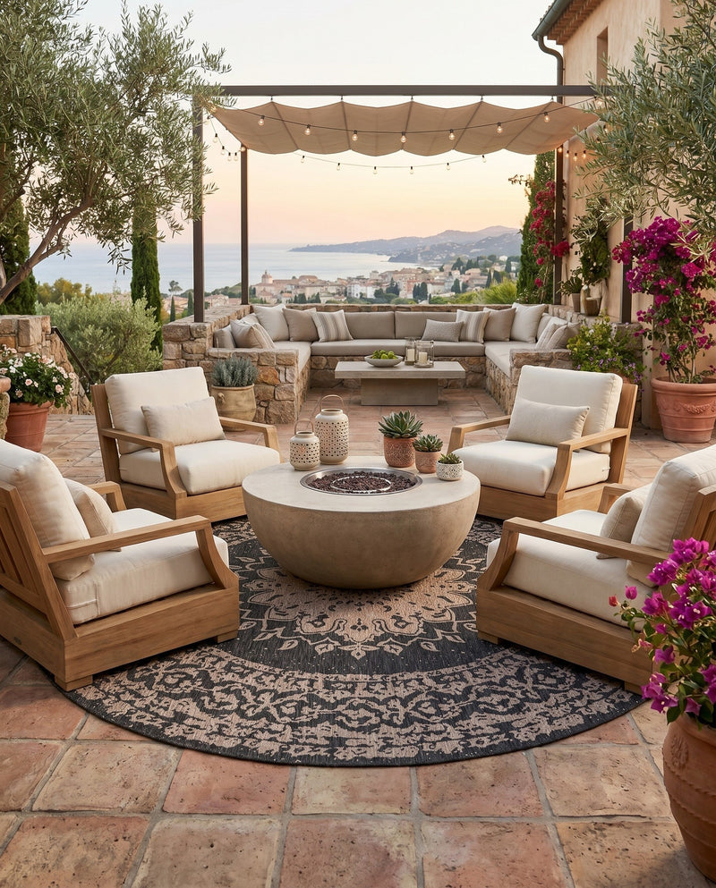 Patio Heritage Collection Area Rug -  Lafayette (Black) Round Black  lifestyle 60
