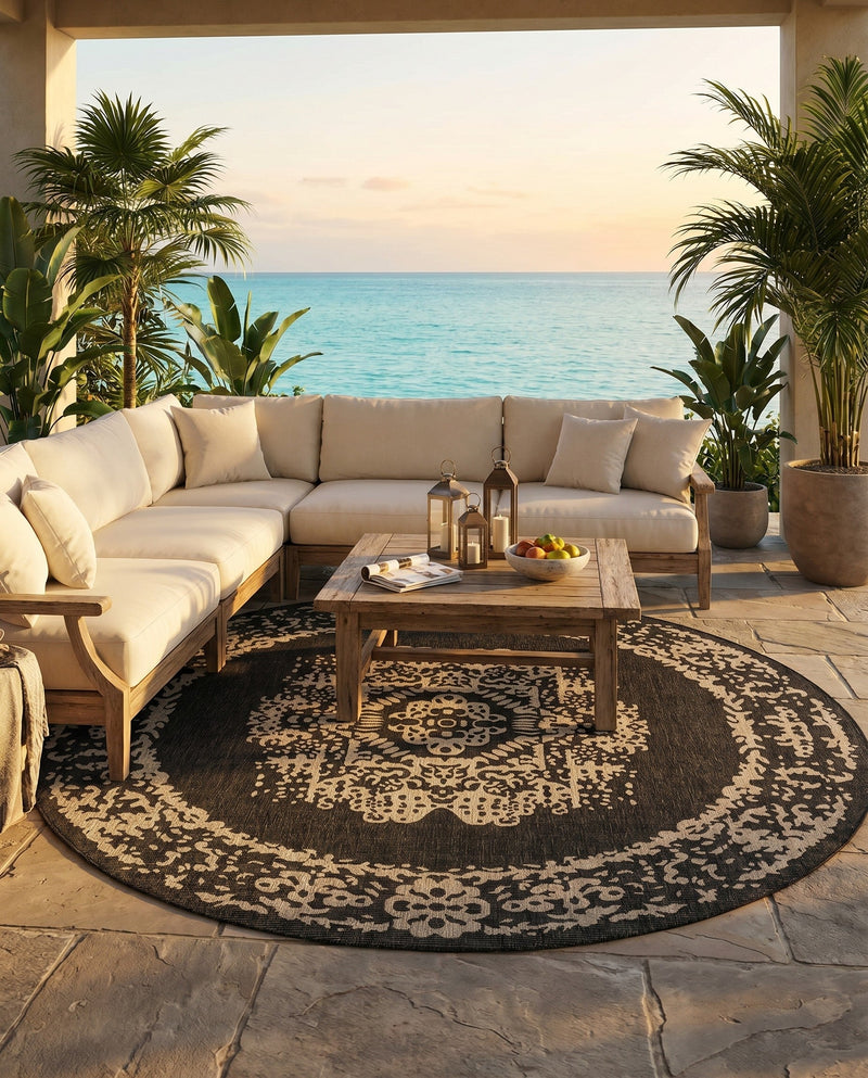Patio Heritage Collection Area Rug - Savannah (Charcoal Gray) Round Charcoal Gray  lifestyle 62