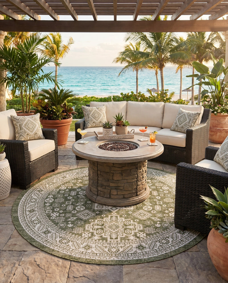 Tribal Terrace Treasures Collection Area Rug -  Incan Isle (Green) Round Green  lifestyle 33