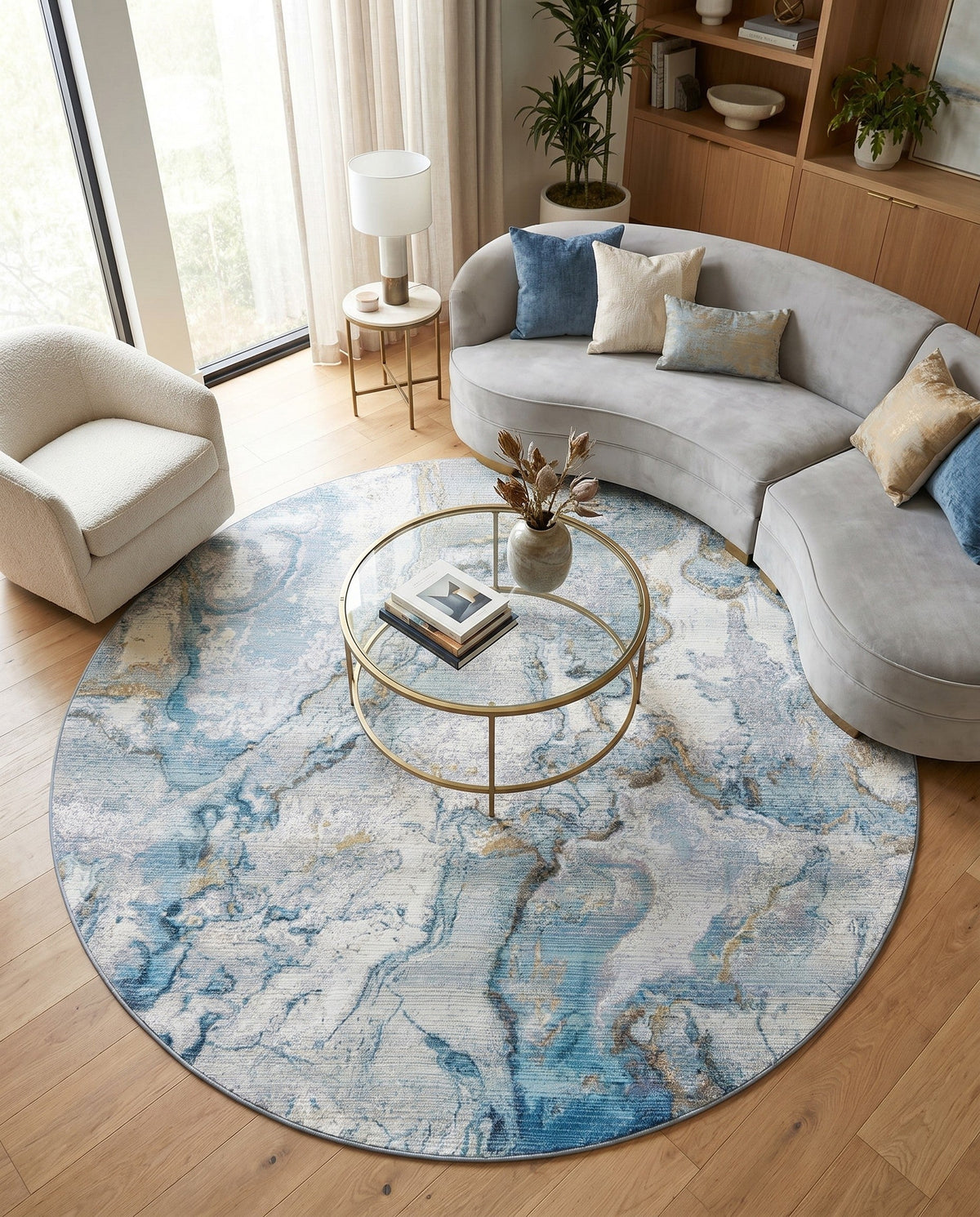 Urban Terrace Collection Area Rug -  Vertex Round Blue and Ivory  lifestyle 93