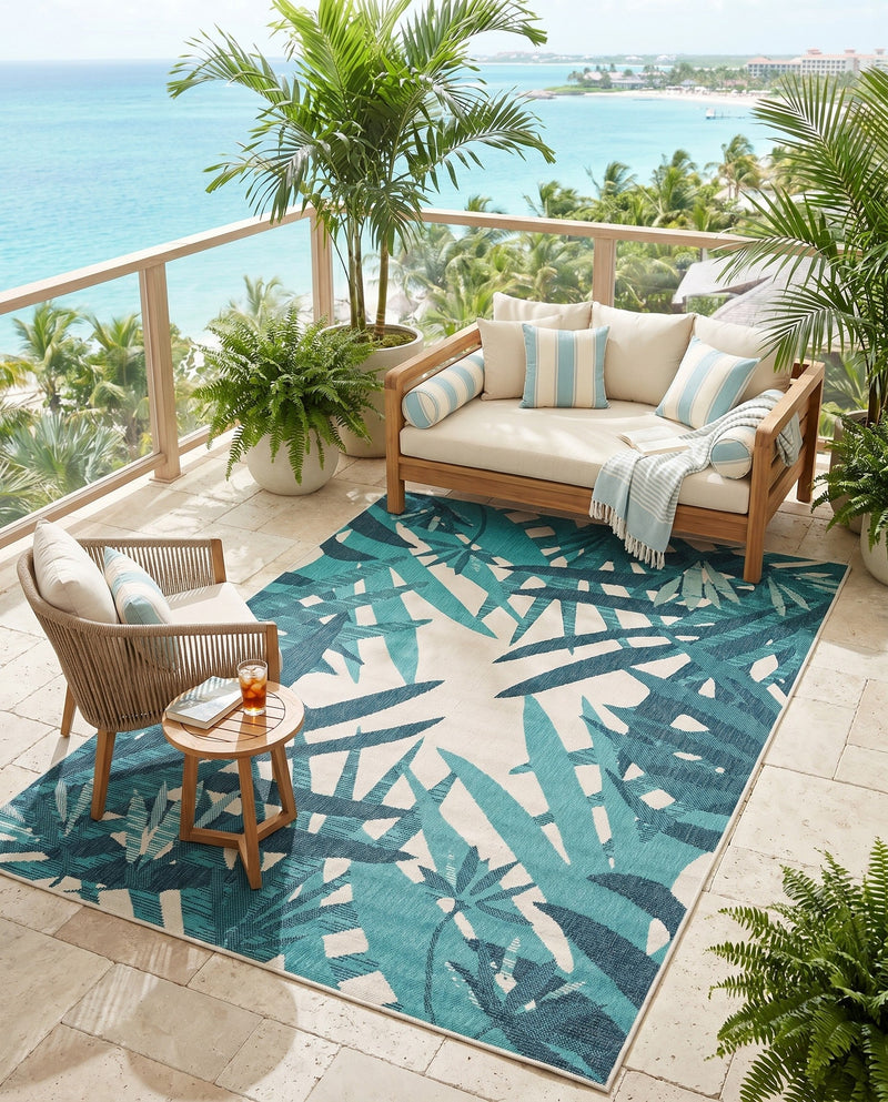 Seaside Blooms Collection Area Rug -  Provence Rectangle Teal blue  lifestyle 9