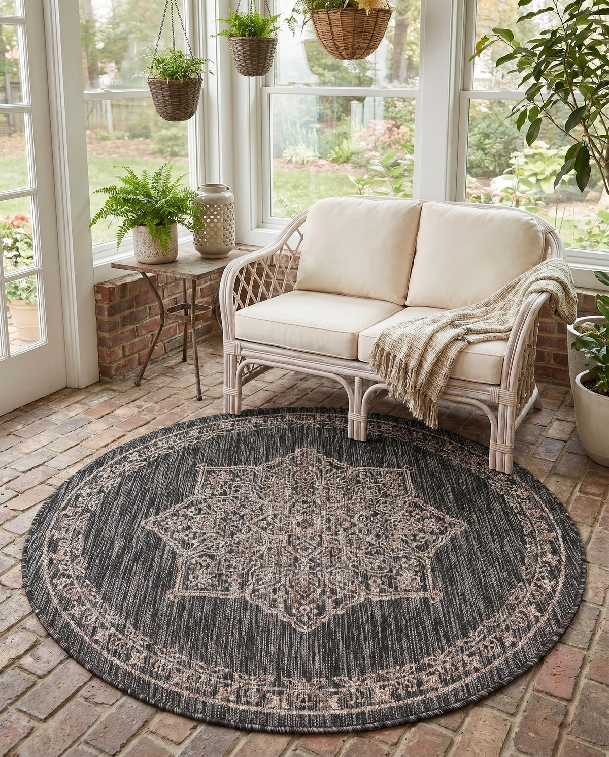 Patio Heritage Collection Area Rug -  Charleston (Charcoal Gray) Round Charcoal Gray  lifestyle 50