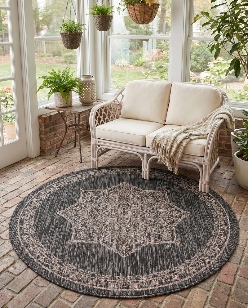 Patio Heritage Collection Area Rug -  Charleston (Charcoal Gray) Round Charcoal Gray  lifestyle 50