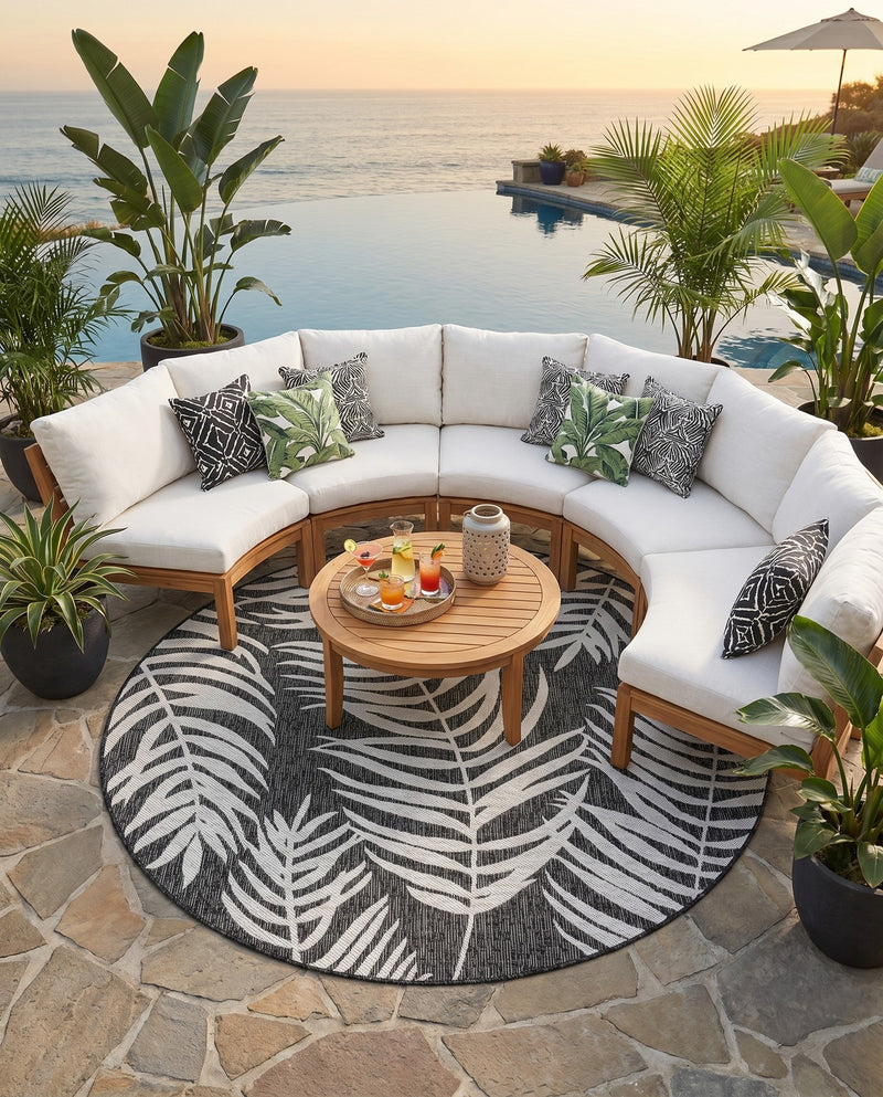 Seaside Blooms Collection Area Rug - Verdure (Charcoal) Round Charcoal  lifestyle 74