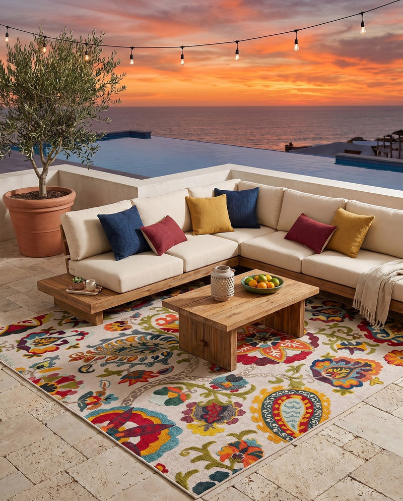 Outdoor Marrakesh Collection Area Rug - Fes Rectangle Multi Beige  lifestyle 11