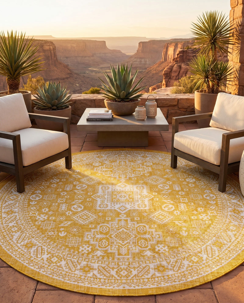 Tribal Terrace Treasures Collection Area Rug -  Incan Isle (Yellow) Round Yellow  lifestyle 61