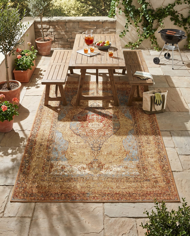 Patio Heritage Collection Area Rug -  Pergola Rectangle Blue and Light Brown  lifestyle 6