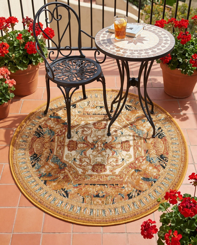 Patio Heritage Collection Area Rug - Veranda Round Black Gold Brown  lifestyle 75