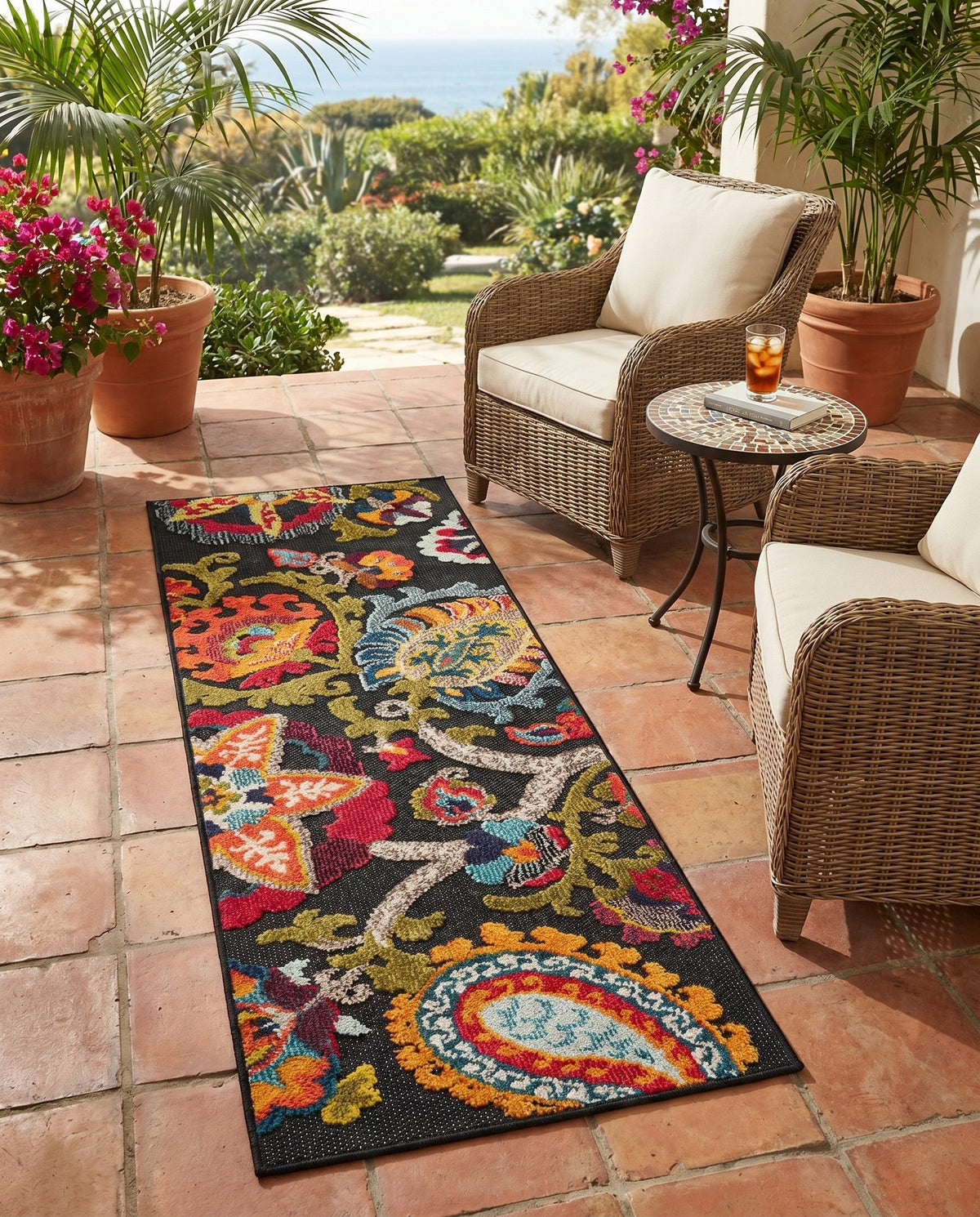 Outdoor Marrakesh Collection Area Rug - Fes Runner Multi Black  lifestyle 141
