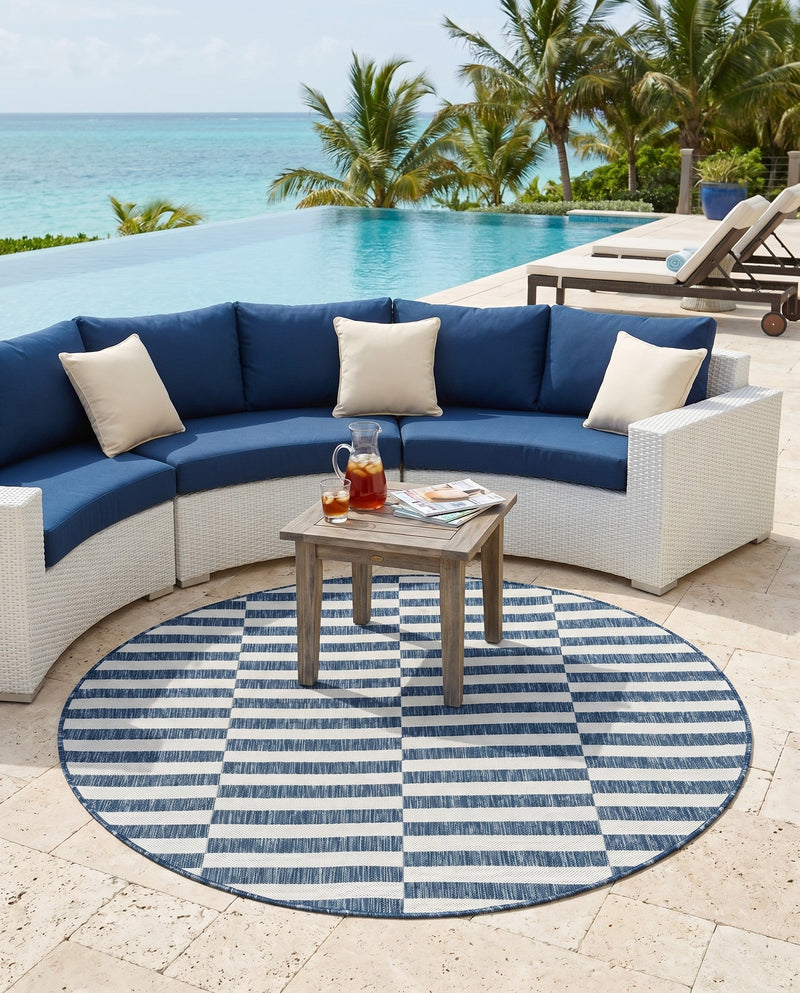 Seaside Stripes Collection Area Rug - Cabana (Blue) Round Blue  lifestyle 70