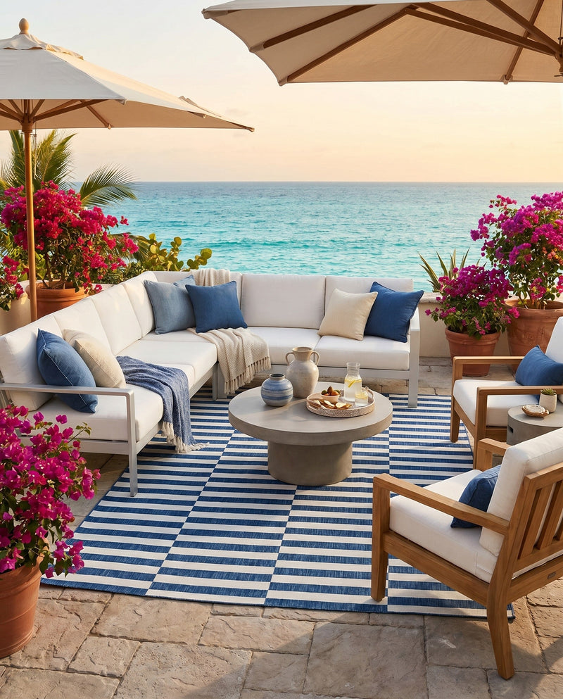 Seaside Stripes Collection Area Rug - Cabana (Blue) Rectangle Blue  lifestyle 14