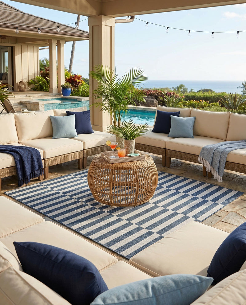 Seaside Stripes Collection Area Rug - Cabana (Blue) Square Blue  lifestyle 77