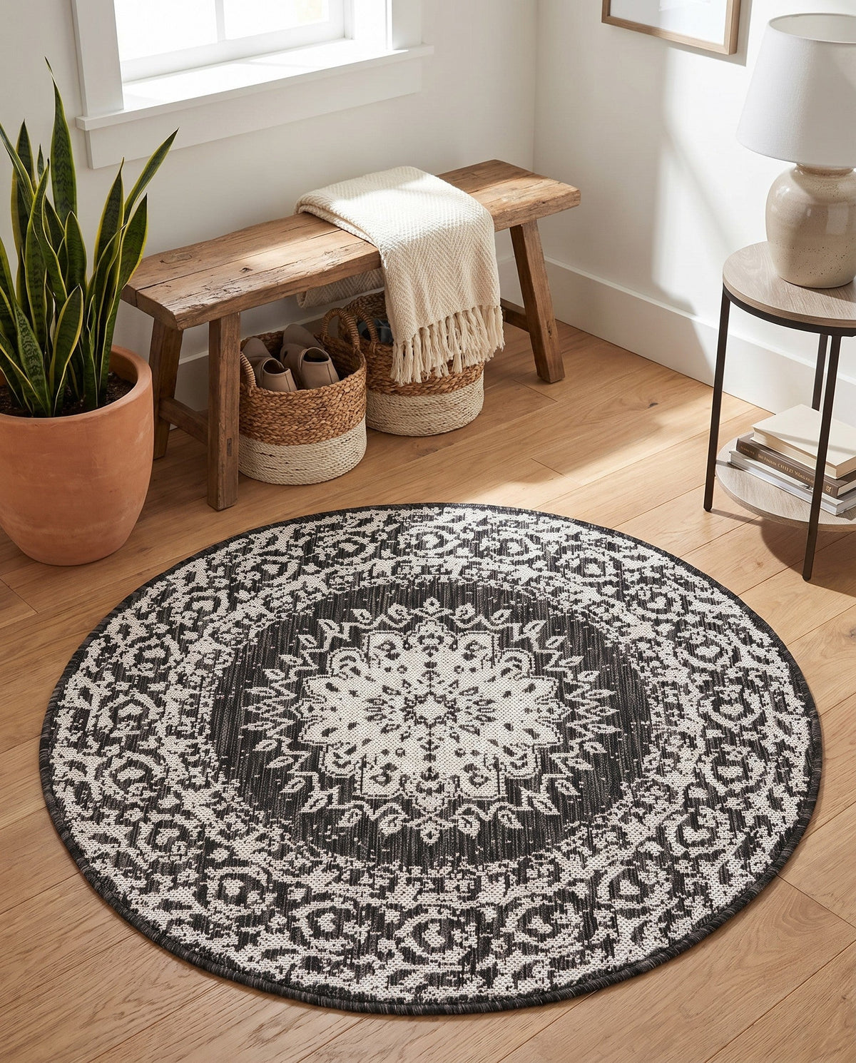 Patio Heritage Collection Area Rug -  Lafayette (Black and White) Round Black and White  lifestyle 81