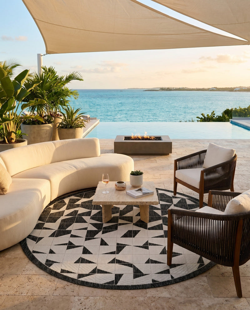 Urban Terrace Collection Area Rug -  Mercer Round Black and White  lifestyle 69