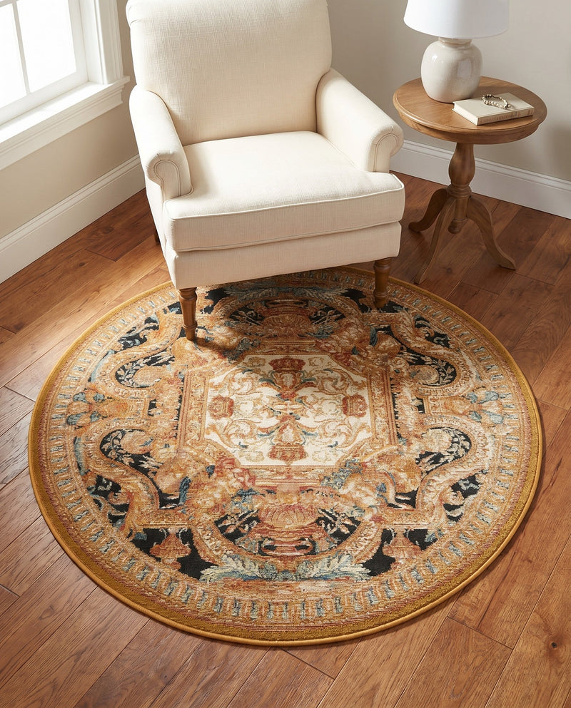 Patio Heritage Collection Area Rug - Veranda Round Black Gold Brown  lifestyle 77
