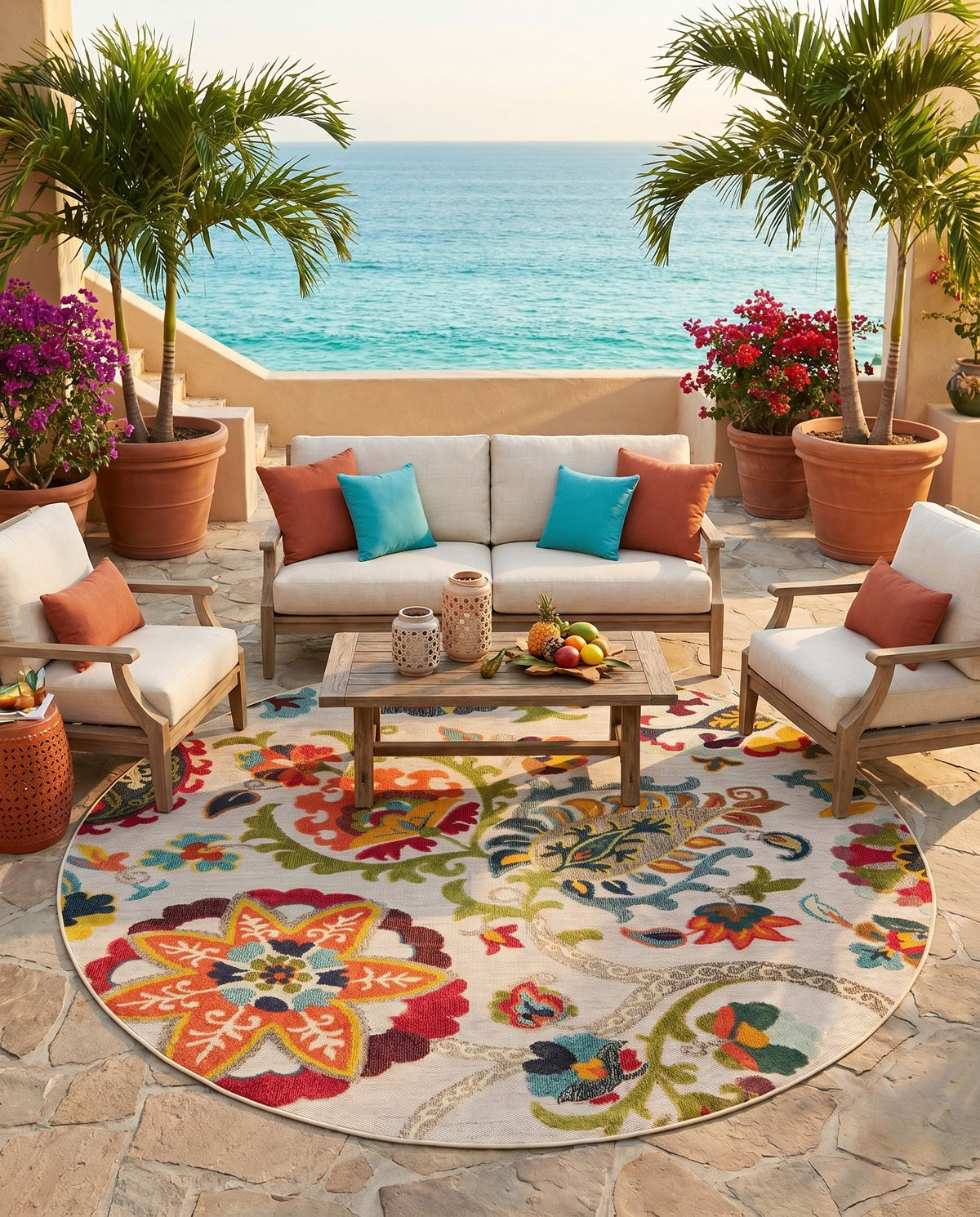 Outdoor Marrakesh Collection Area Rug - Fes Round Multi Beige  lifestyle 173
