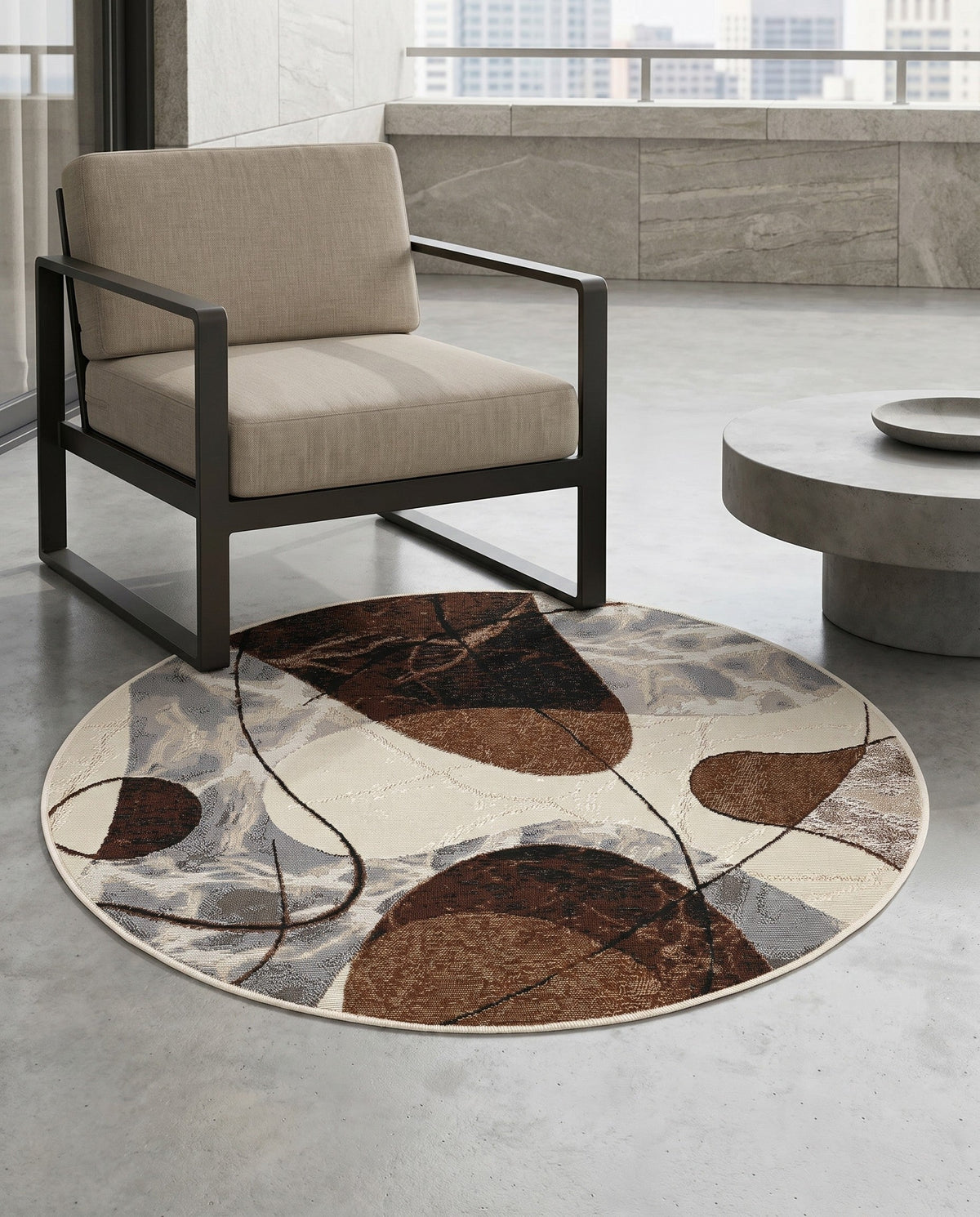 Urban Terrace Collection Area Rug -  Garden Round Brown and White  lifestyle 71