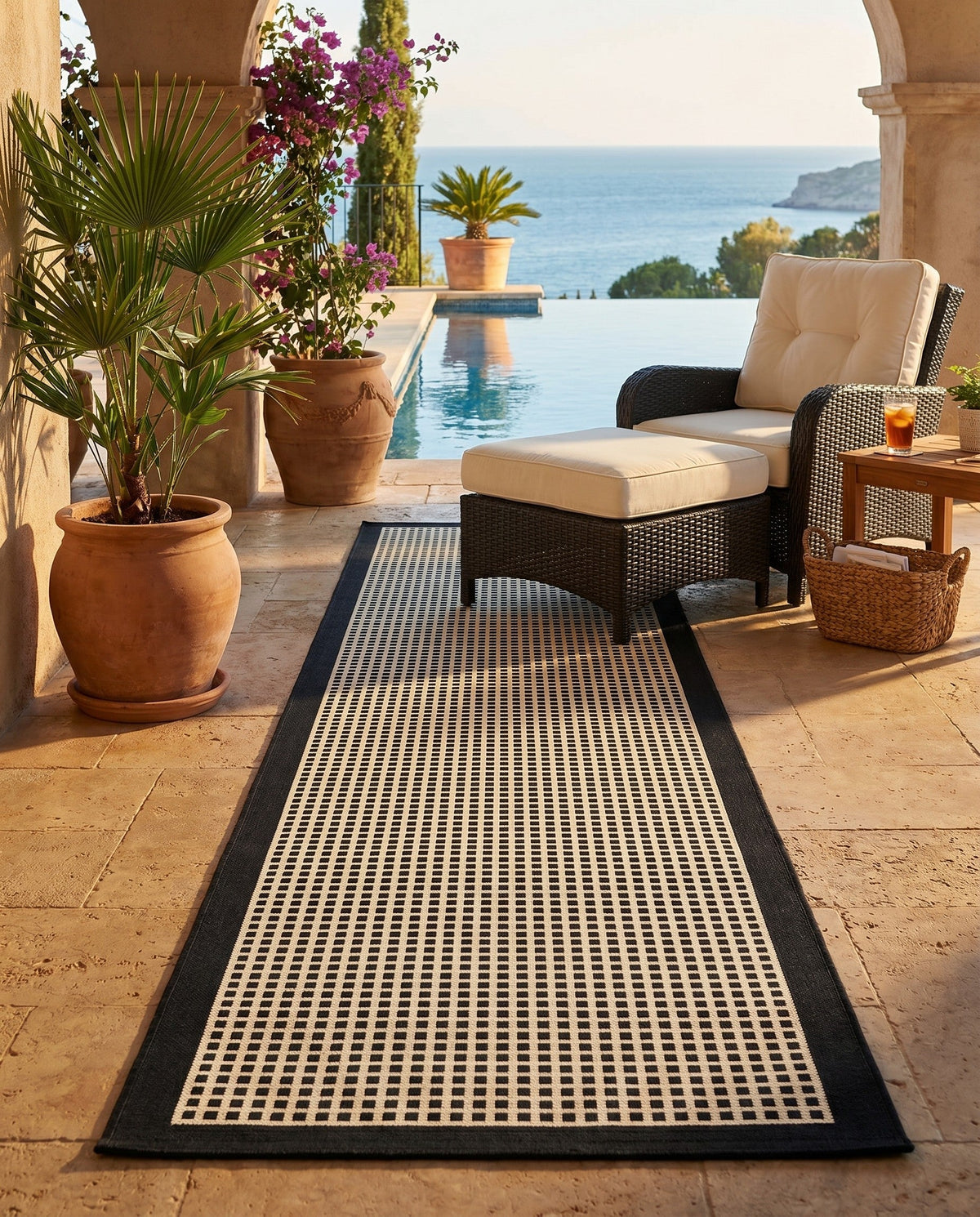 Terrace Fringe Collection Area Rug - Oceanside Runner Black  lifestyle 205