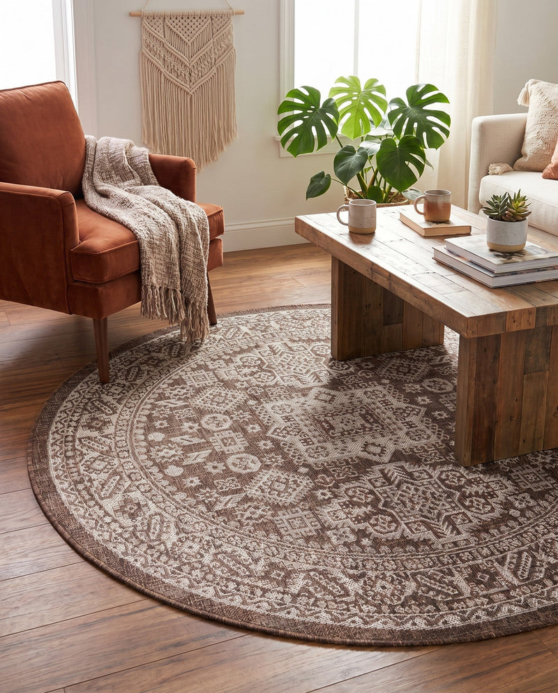 Tribal Terrace Treasures Collection Area Rug -  Incan Isle (Brown) Round Brown  lifestyle 28