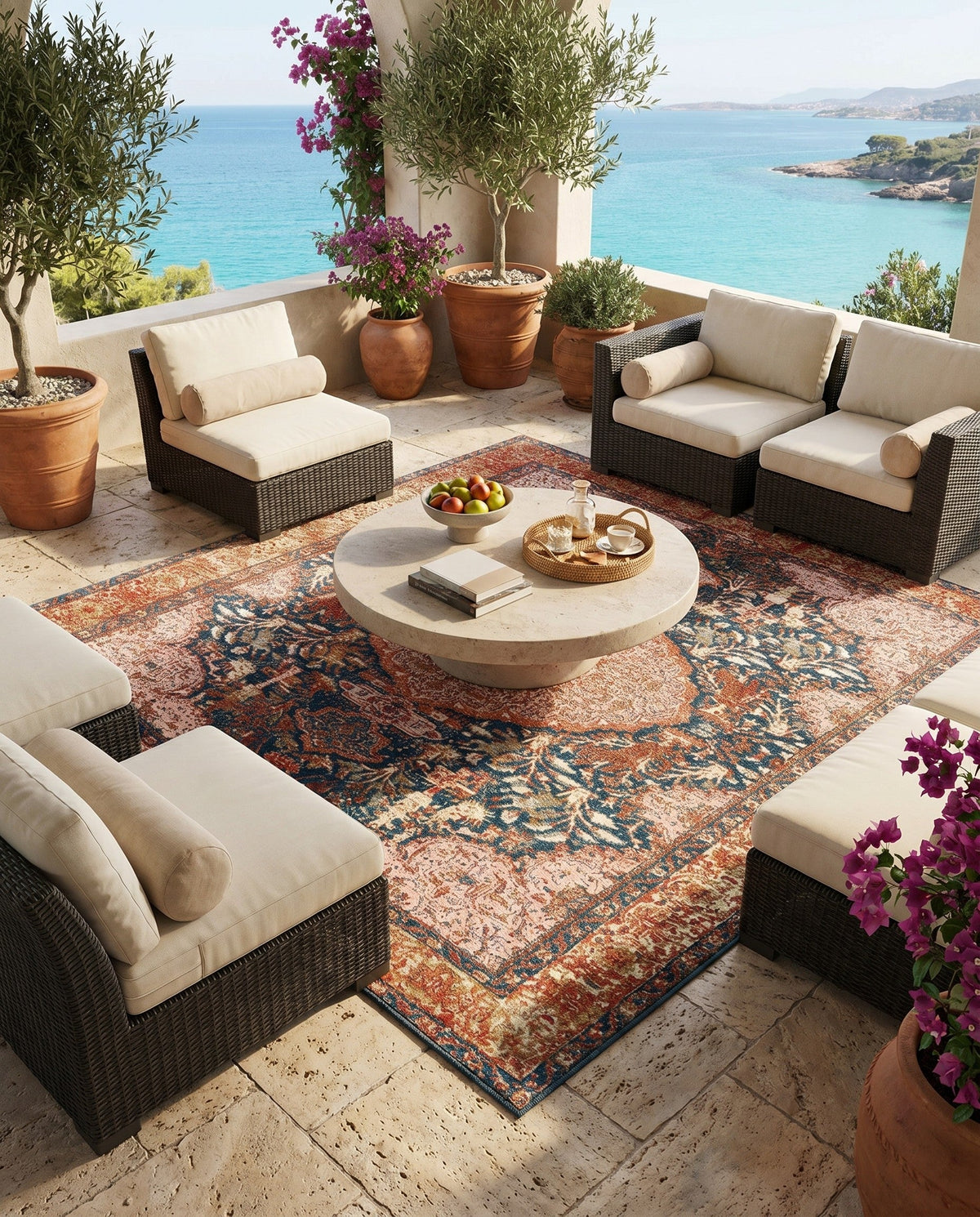 Patio Heritage Collection Area Rug -  Courtyard Square Navy Blue and Light Pink  lifestyle 109